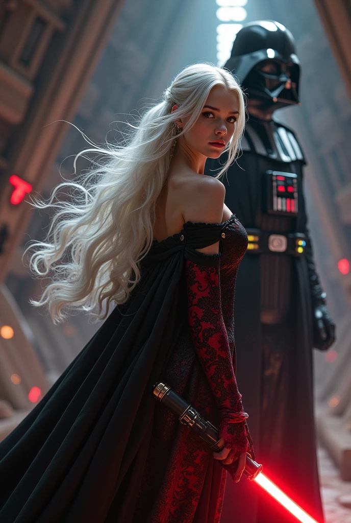 Girl with white long hair a dress that looks princess like but also fightable in the dress is more like a black red. She loves star wars, it is one girl and she is in the death star next to darth vader 
