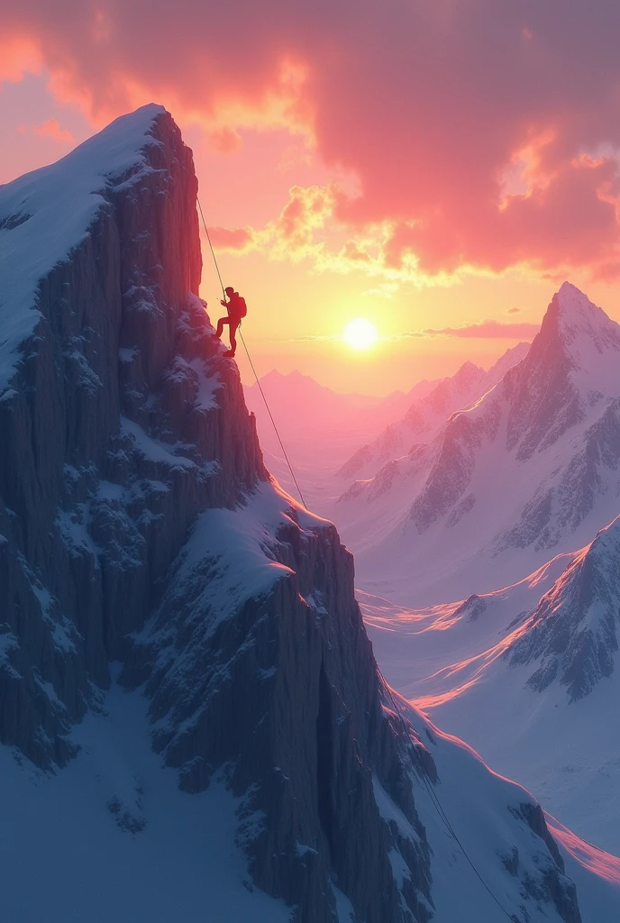 The Climb to Greatness: "A lone climber scaling a steep, icy mountain peak, with only a thin rope and a determined spirit, representing the journey towards achieving one's dreams. The climber's silhouette is outlined against a breathtaking sunrise, with the first light of dawn painting the sky in brilliant shades of pink, orange, and gold. The rugged, snow-covered mountain stretches endlessly below, symbolizing the challenges and obstacles faced along the way. The image captures a moment of triumph and determination, inspiring viewers to continue their own ascent towards greatness, no matter how difficult the path."