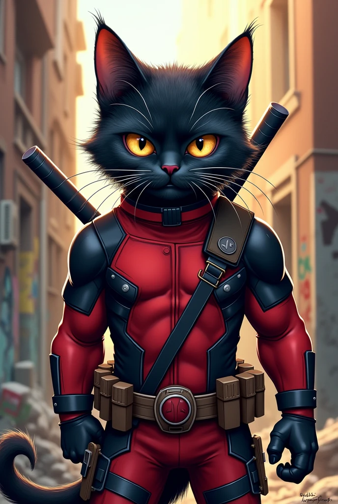 Black cat in deadpool costume