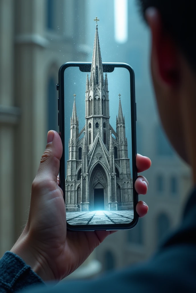 A mobile phone screen emerging a 3D cathedral from it