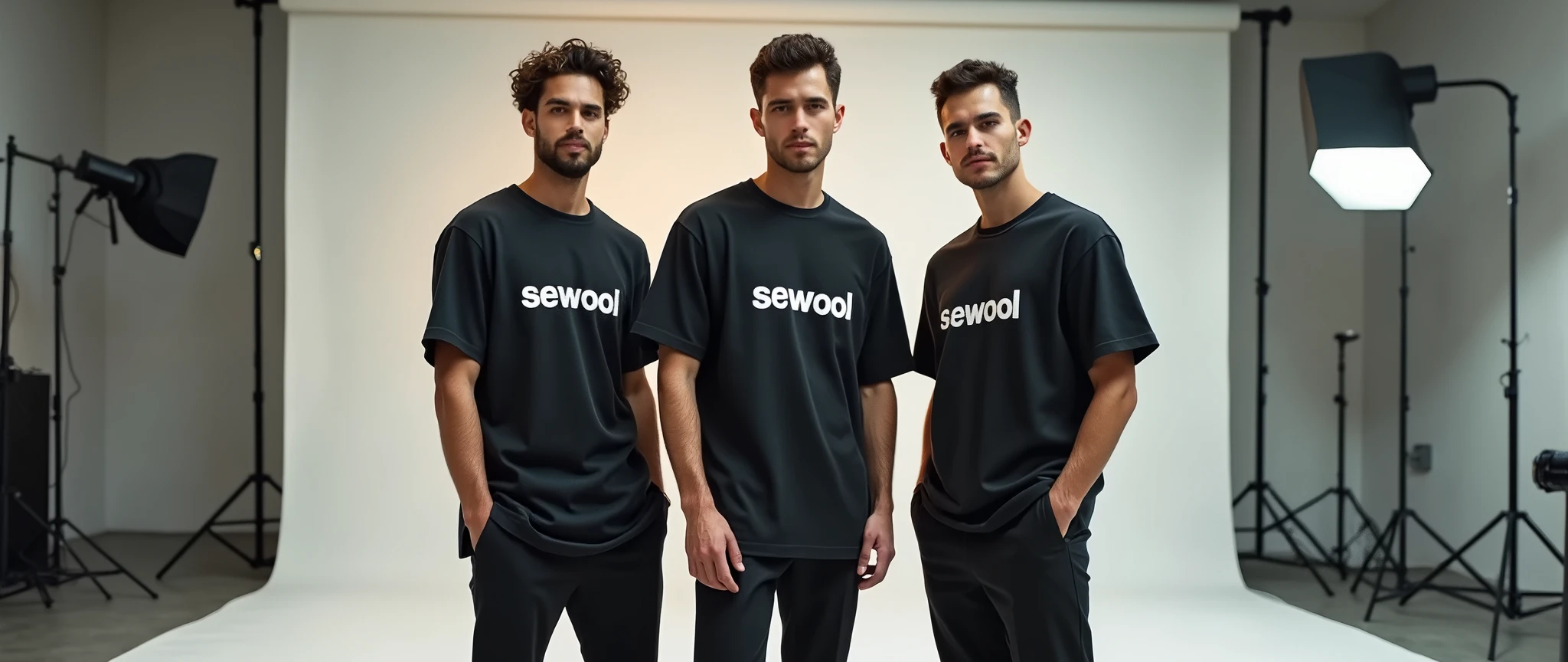 give me a picture of 2 or 3 male models in one picture with wearing oversize t-shirt and wearing formals paint and photoshoot in studio, and print the word on t shirt = Sewool