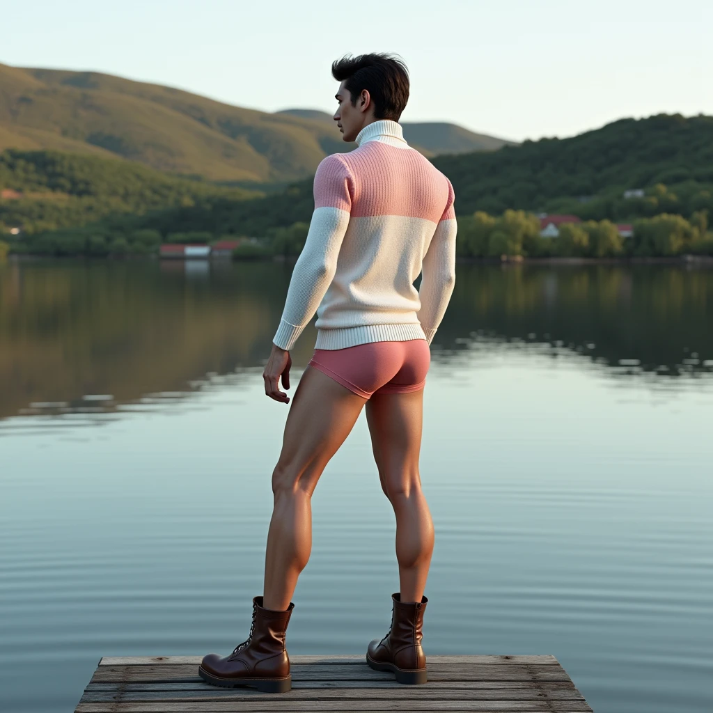 A white man, at 3, model type, with short dark hair, with blue eyes, medium body, wearing a white and pink turtleneck sweater, wearing tight boxers, wearing boots, standing backwards, posing on top of a wooden pier on a lake in Alentejo