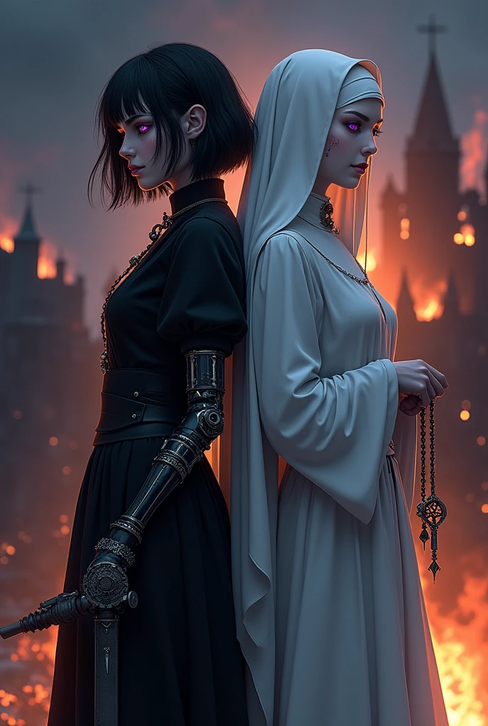 Two pale middle-aged girls back to back with violet eyes, with the one on the left wearing dark alchemist clothes and with the left arm with a steampunk prosthesis holding a dagger with the symbol of Baphomet, short black hair with a cut on the face, and the one on the right in white nun&#39;s clothes holding a rosary with closed eyes and long white hair with a castle in flames behind at nightfall.