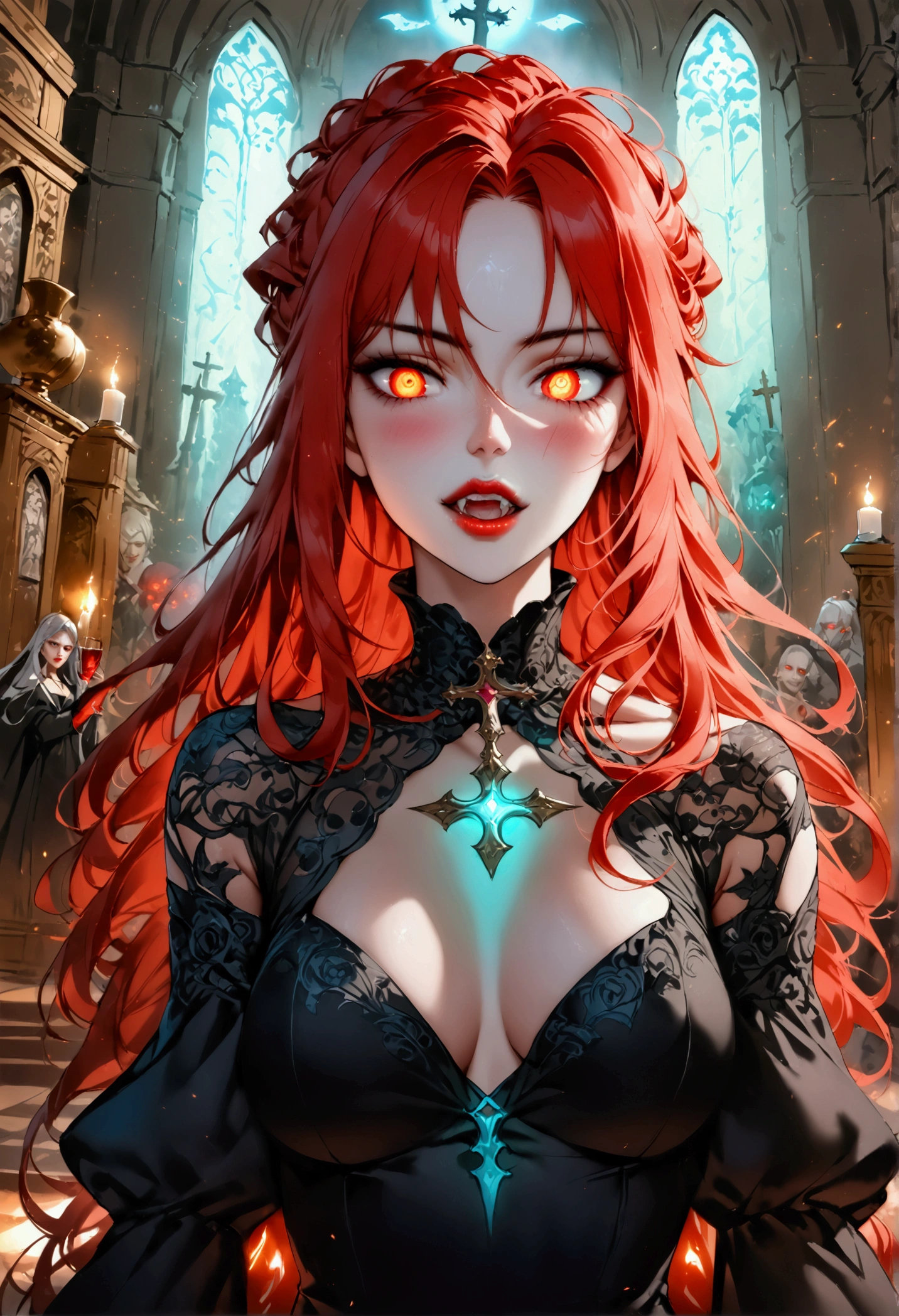 Arafed, dark fantasy art, glamour shot, award winning shot, photorealistic, a portrait of a female vampire drinking a ((glass of blood)), red hair, dynamic hair style , long hair, red lips, (glowing eyes: 1.5), dynamic eye color, dynamic color, she wears, an elegant (black dress: 1.5), catholic church and altar background, bar background, 16k, ultra detailed, masterpiece, best quality, (extremely detailed), rpg portrait, art by mooncryptowow, photograph, oil pastel, vampire teeth