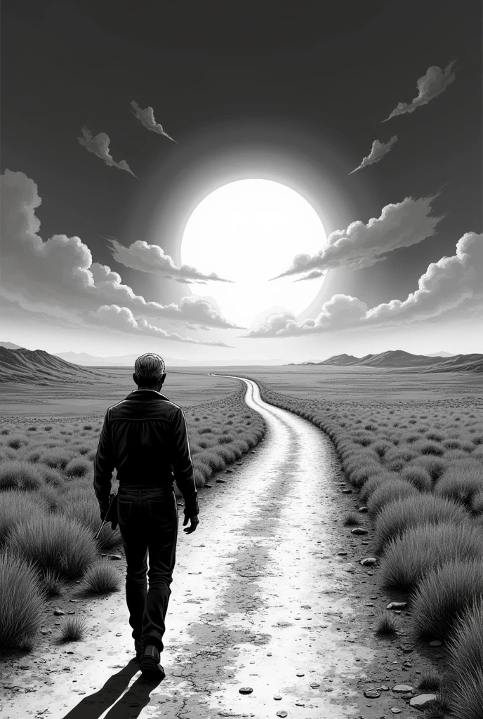 a middle aged man, with a tired expression, walks along a barren and lonely road. The path seems endless, the dark and cloudy sky. generates a black and white comic book style image, like old western comics.