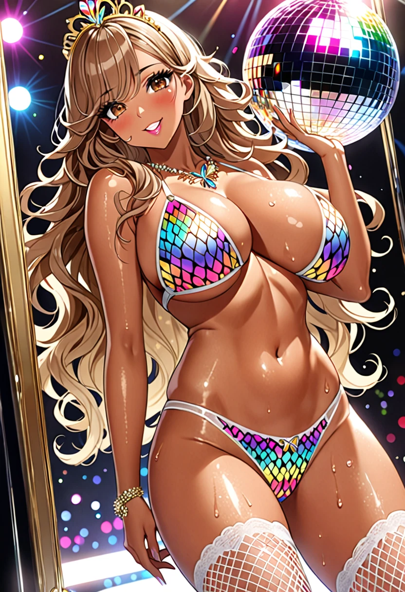 (Highest quality, Ultra-high resolution、The most complex and detailed depiction、masterpiece、8k, RAW Photos, Best image quality、Very detailedな顔、Attention to detail、Beautiful woman、Realistic、photo-Realistic、Very detailed, Beautiful attention to detail:1.5),(One adult woman:1.3)、(blush)、(Gal-style makeup、mascara 、eyeshadow、Dark eyeliner、Long and beautiful eyelashes、False eyelashes、double eyelid、heavy makeup、hostess、Brown eyes、:1.5),(A bra with a pale rainbow gradient butterfly pattern、Light rainbow gradient butterfly pattern panties:1.5)、Gorgeous jeweled necklace、Gold bracelet、A gorgeous gold tiara studded with jewels、Sheer white lace dress、Mesh fabric、White fishnet stockings,White opera gloves、(A seductive smile),(under boob、Huge breasts:1.5)、(Cleavage:1.2)、(((Light brown hair、Wavy Hair、Long Hair)))、elongated nose、Face with gills、(Very tanned and shiny skin:2),(Perfect Style)、Saggy breasts、Large saggy breasts、((Sweat、Your body is wet))、((Dim Club、pole dance))、(Mirror ball)、Sleepy face