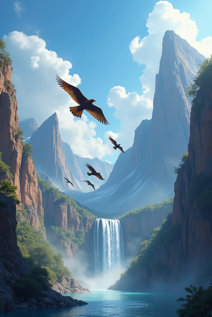 A majestic rocky mountain landscape with two towering peaks, rugged and weathered, separated by a serene valley where a series of crystal-clear waterfalls cascade down the rocky faces, creating a misty atmosphere; against a brilliant blue sky with y white clouds, four birds in flight, their silhouettes stark against the vibrant sky, their wings spread wide, with subtle hints of movement; the rocky mountains exhibit a warm, earthy tone, with hints of green vegetation, while the waterfalls shimmer with a soft, silver light, and the birds' feathers appear in muted shades of brown and gray, adding a sense of natural harmony to the composition.