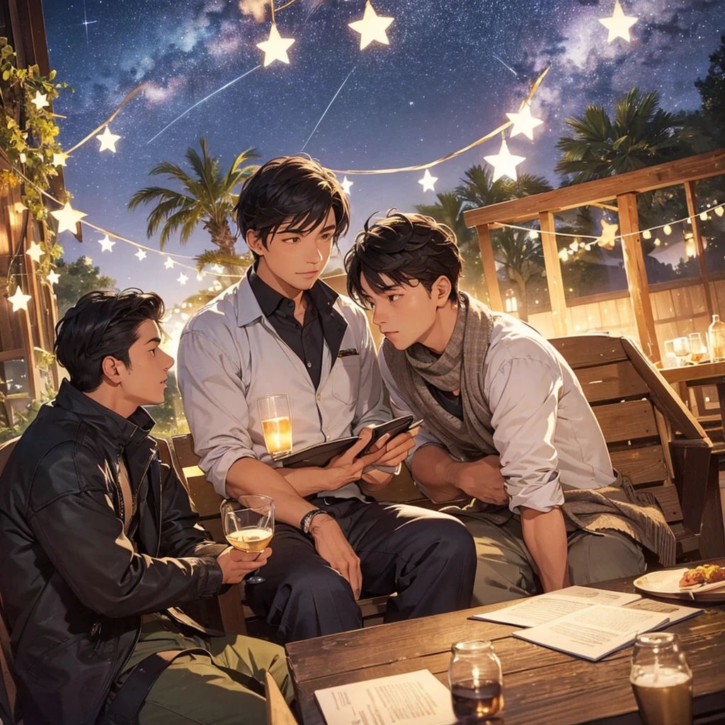 On a quiet night, three men sat looking at the stars in the sky, socializing and thinking about stories.