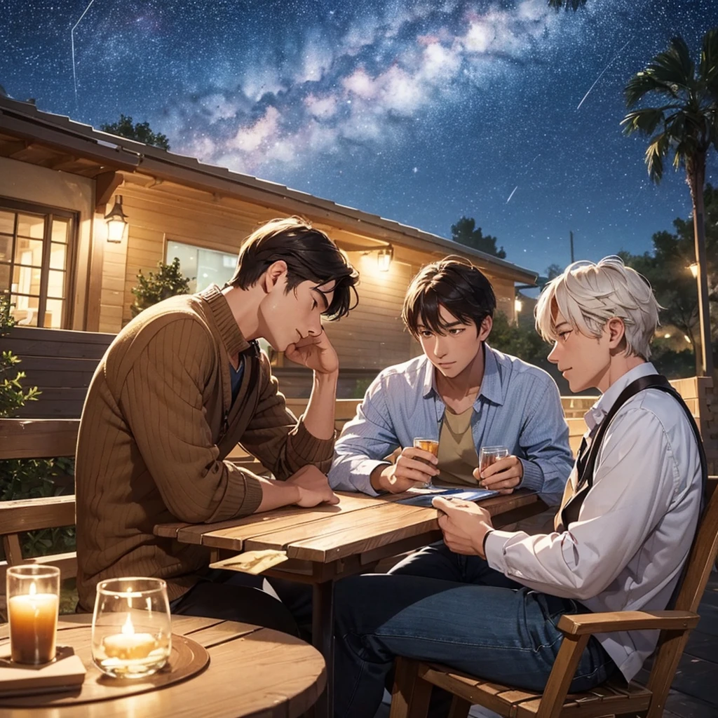 On a quiet night, three men sat looking at the stars in the sky, socializing and thinking about stories.