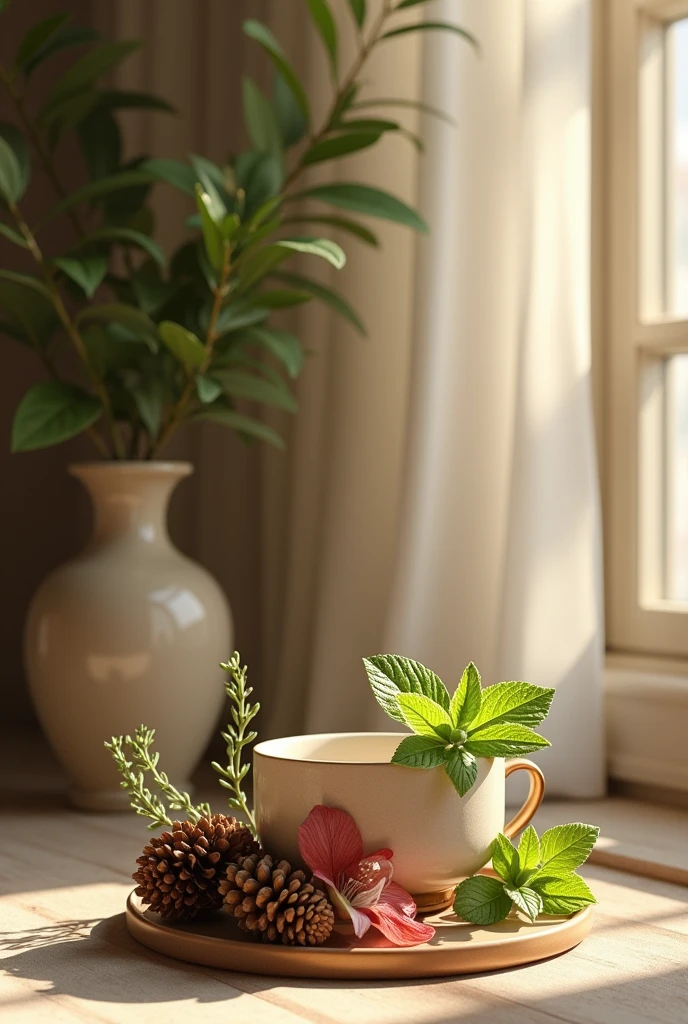Nature morte et de la menthe et un petit jasmin rougeatre avec de pomme de pin dans un chambre avec un éclairage doux et feutré