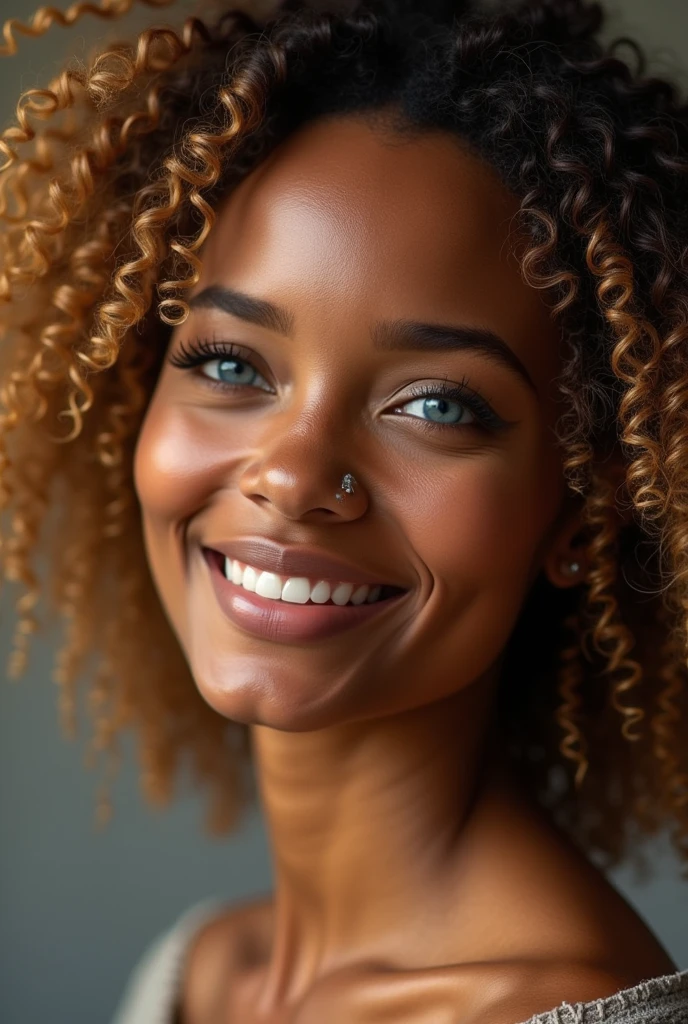 (photorealism:1.2),
créer moi une photo d'une belle fille type ethiopienne qui a les yeux bleu et les cheveux blond et frisé, qui sourit, qui a des legeres tache de rousseur et qui la peau fonsé