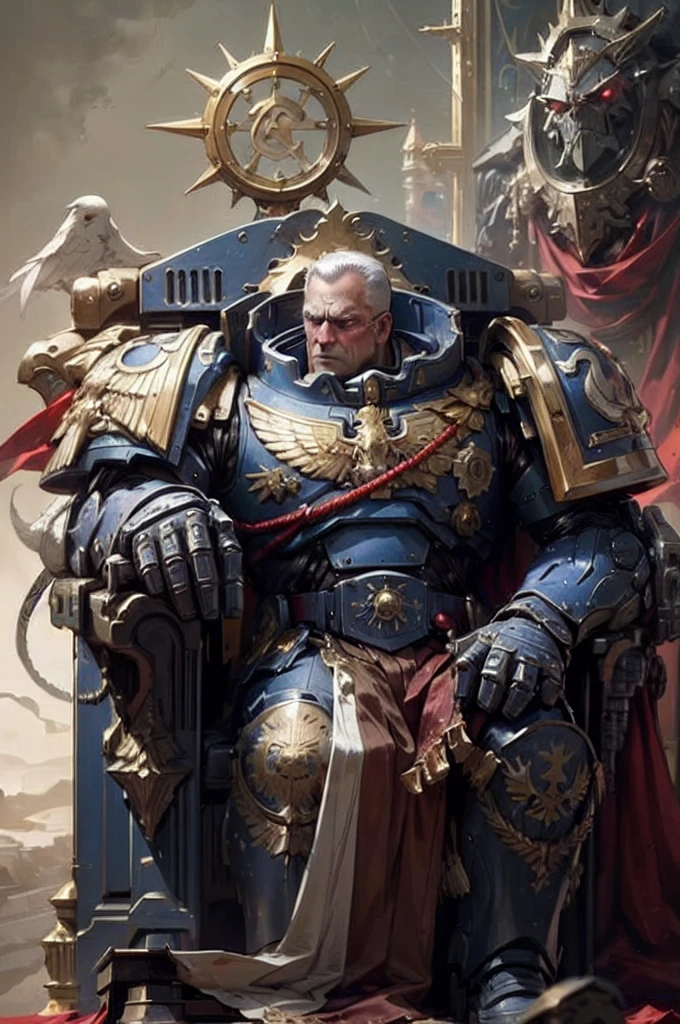 a close up of a man sitting on a throne with a bird on his shoulder, portrait of space marine, warhammer 4 0 k artwork, portrait of emperor of mankind, warhammer 40k emperor of mankind, art portrait of a space marine, space marine, donald trump is a space marine, warhammer 4 0 k fantasy, warhammer 4k, space marines, warhammer art
