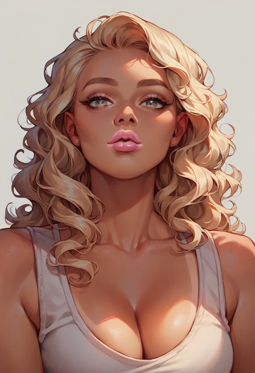 
Flat colors,close-up, portrait,  of a 2 surfer looking girl, tan skin, ([light blueish eyes]) blonde wavy hair, natural beaty, (([beautiful lips, light pink lipstick])) Beautiful, casual, low sitting tank top, cleavage,  masterpiece, (([Simple grey background]))

