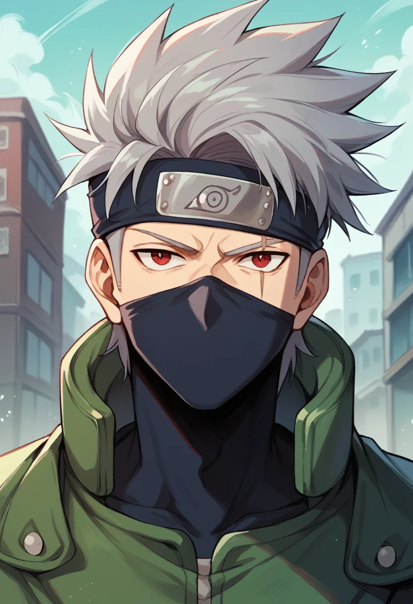 Masterpiece, best quality, 8k wallpaper, Sharingan, Chidori, 1boy, kakashi, grey hair, covered mouth, mouth mask, red eye, scar across eye, forehead protector, urban outfit, y2k style