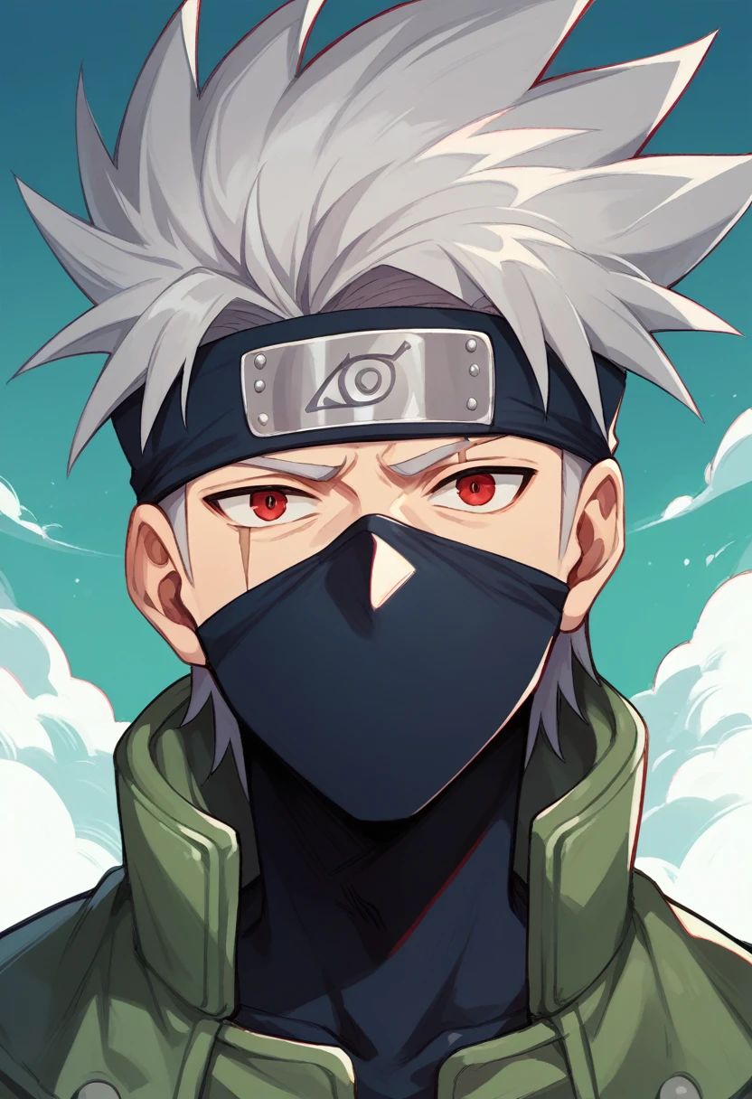 Masterpiece, best quality, 8k wallpaper, Sharingan, Chidori, 1boy, kakashi, grey hair, covered mouth, mouth mask, red eye, scar across eye, forehead protector, urban outfit, y2k style