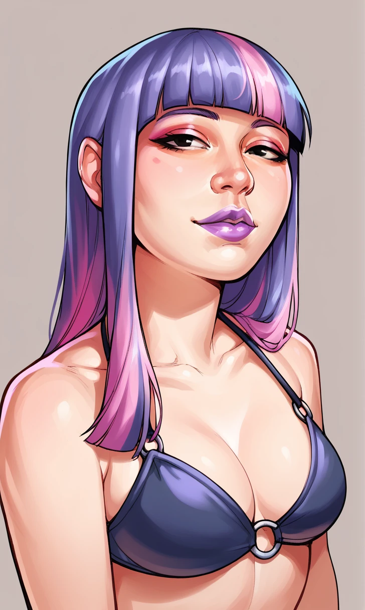 score_9, score_8_up, score_7_up, r1s0, 1girl, simple background, Asian, bikini, sunny, lovely, hime cut hair, gentle smile, purple lips, black eyes,