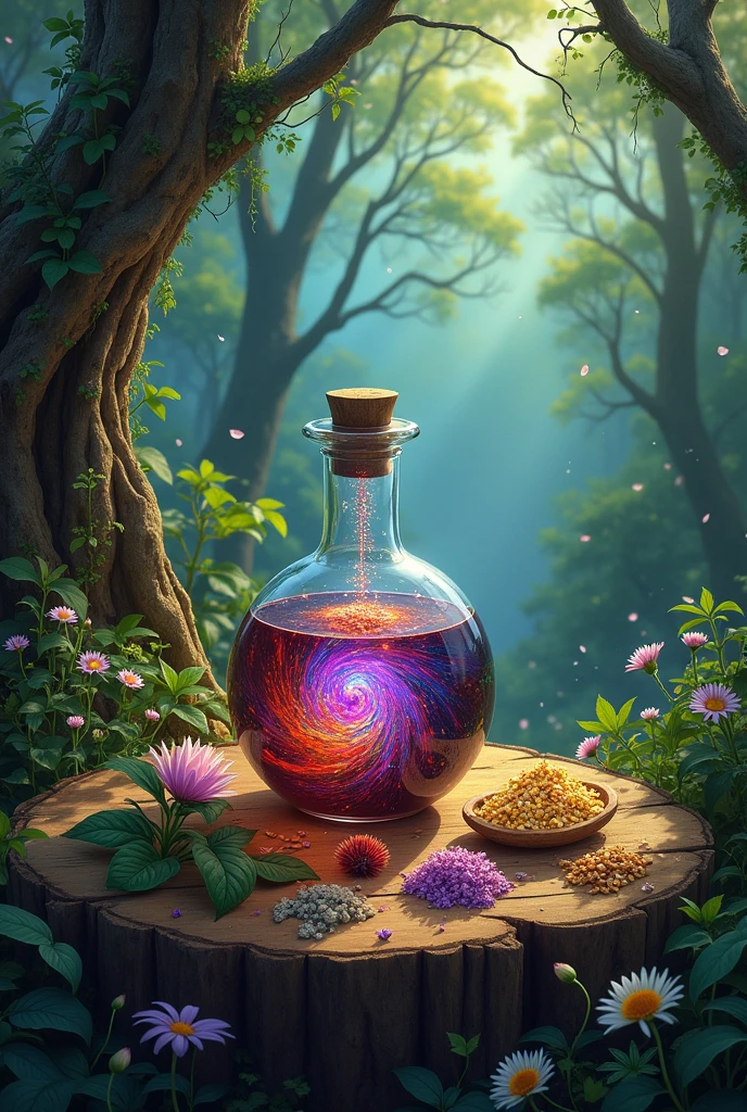 potion with herbs, painting, illustration, hyper realistic, intricate detail, ancient magic theme, ingredients, florest