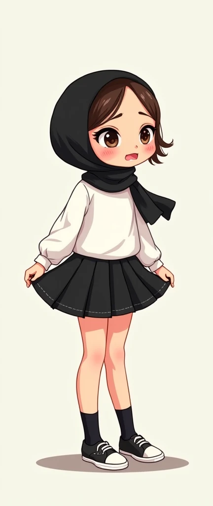 Cartoon with text:
(Masterpiece, best quality, 4k, expressive eyes, perfect face), cute and adorable girl, little cartoon girl, (beautiful face, detailed eyes), wearing black hijab, (flat style,, hand drawn style, 2d style, Cartoon artstyle, toon style), (white shirt, black miniskirt, exposed legs, black socks, sketcher shoes, ((embarrassed, blush, wind blowing up her skirt, upskirt, skirt blowing upwards, pulling down her skirt)), (full body view, standing, Side view), ((perfect body anatomy, perfect legs, perfect posture)),