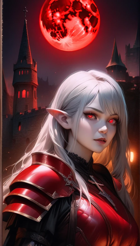 a girl with white skin, pointy ears, long silver hair, dark skin, wearing red leather armor, solo, looking at viewer, red eyes, glowing eyes, red moon, red sky, castle, tower, cross, blood, jewels, dark, night, (best quality,4k,8k,highres,masterpiece:1.2),ultra-detailed,(realistic,photorealistic,photo-realistic:1.37),HDR,UHD,studio lighting,ultra-fine painting,sharp focus,physically-based rendering,extreme detail description,professional,vivid colors,bokeh,dark fantasy,gothic,horror,supernatural,dramatic lighting