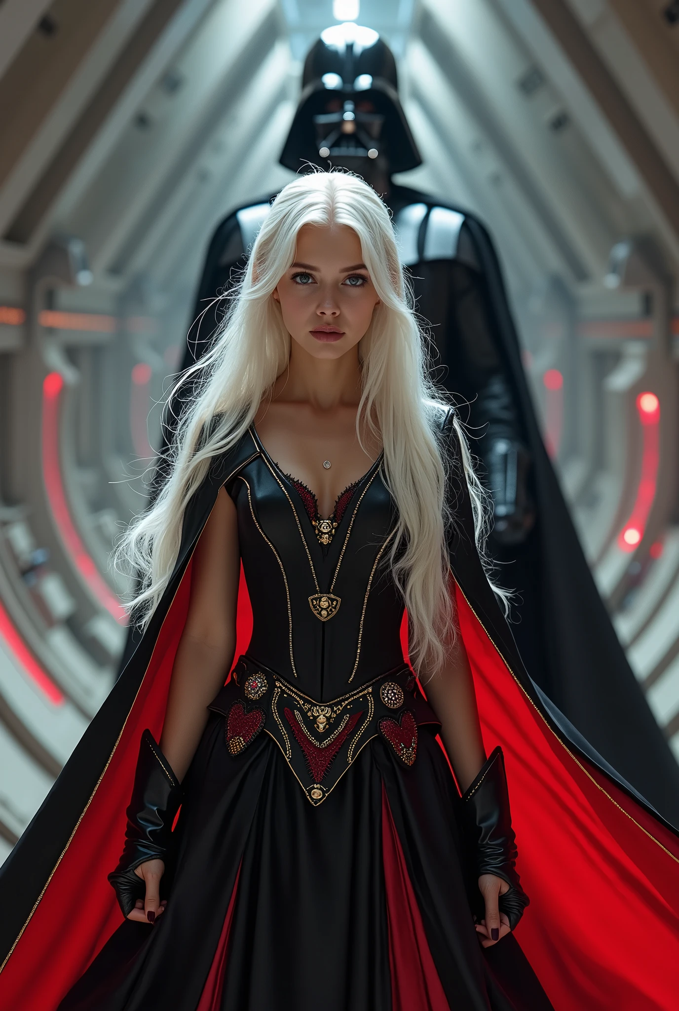 Girl with white long hair a dress that looks princess like but also fightable in the dress is more like a black red. She loves star wars, it is one girl and she is in the death star next to darth vader