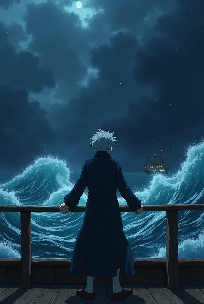 Sakata Gintoki from Gintama,Hands holding the ship's barrier,Standing at the edge of the ship's deck and looked at the sea.with feelings of sadness, resignation and a small smile challenging fate.The ship is in the Side and will enter a very large whirlpool.Almost carried away by the current, The sky was a thick, heavy storm. Night time.The picture was taken from the back side.