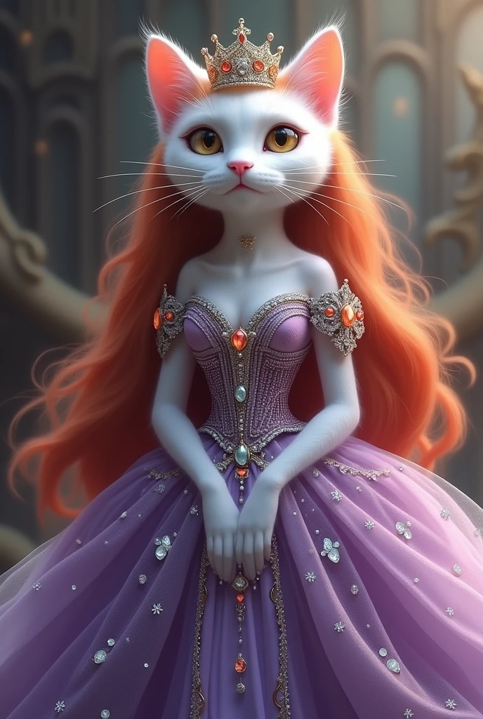A white cat princess with red hair, very long hair, beautiful face, tall, big eyes, very cute, wearing a purple princess dress, a long dress with beautiful diamonds, can see the whole body, wearing high heels, wearing a crown.