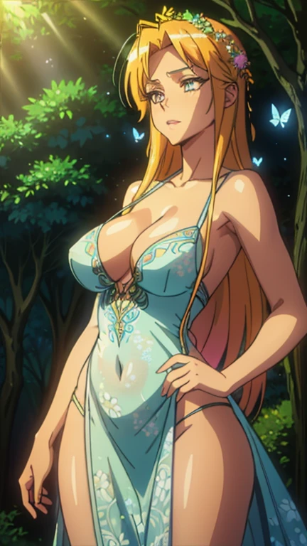 beautiful sexy girl in a mystical forest, fantasy forest fairy, elegant flowing dress, long hair, beautiful detailed eyes, beautiful detailed lips, extreme detailed face, long eyelashes, intricate floral crown, glowing butterflies, sunlight streaming through the trees, swirly vibrant colors, photorrealistic, work of art, 8k