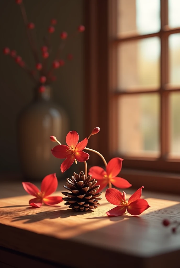  Still life a small reddish jasmine with pine cone in a room with soft and subdued lighting 