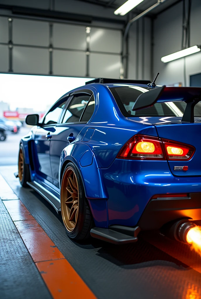 A stunning image of a high-performance blue sports car, believed to be a Mitsubishi Lancer Evolution, positioned on a dynamometer in a garage or tuning shop. The car's aggressive stance is accentuated by custom coilover suspension and body kits, including a carbon fiber front splitter, vented side skirts, and a prominent rear diffuser. The large, multi-spoke, anthracite-finish alloy wheels with low-profile, high-performance tires and a sizable, adjustable rear wing with a GT-style design showcase the car's performance-oriented design and motorsport heritage. The camera angle from the side displays the car's full body, while flames shoot out from the exhaust, indicating a high level of engine activity. The bright lighting highlights the car's glossy finish and the dynamic scene, with safety barriers and equipment visible around the