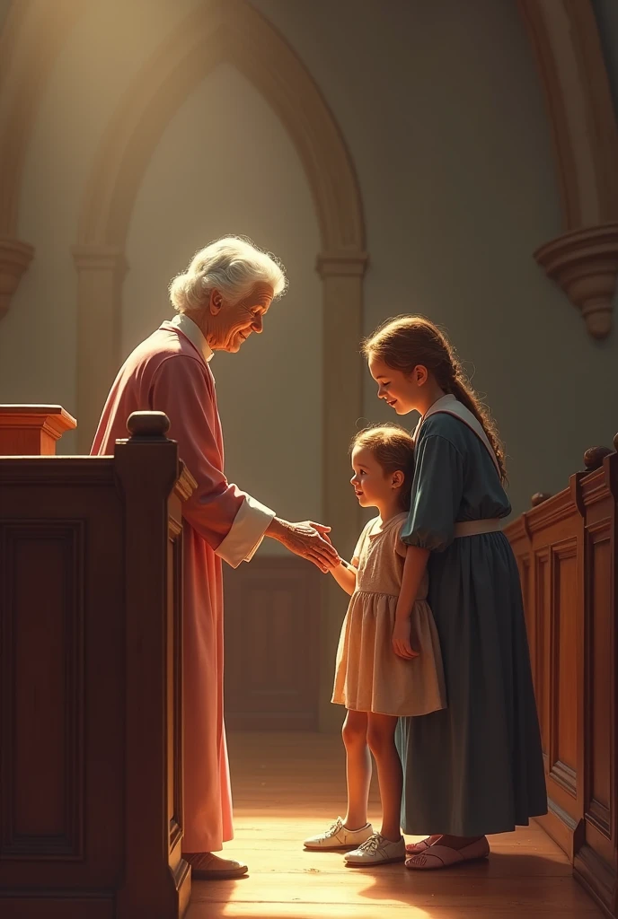 A church mother brings a chair to the small girl standing near the podium