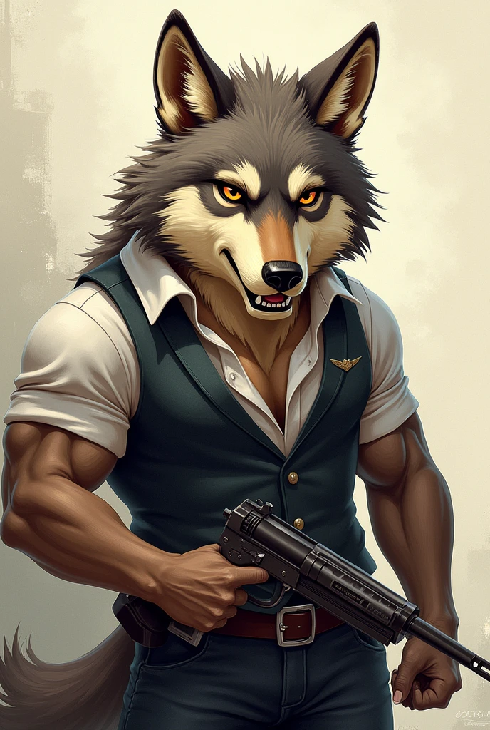 a cartoon wolf wearing a vest and holding a gun, anthropomorphic wolf male, anthropomorphic coyote male, an anthro wolf, an anthropomorphic wolf, handsome weasel fursona portrait, furry character portrait, retarded wolf portrait, anthropomorphic wolf, furry character, anthro wolf face, varguyart style, furry mawshot art