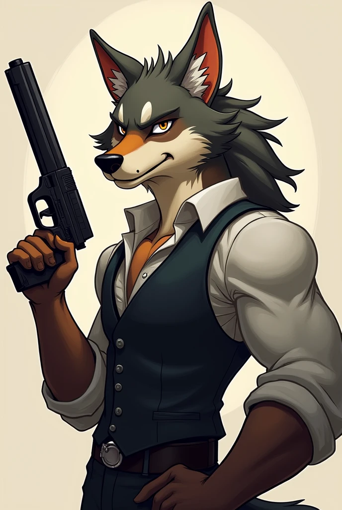 a cartoon wolf wearing a vest and holding a gun, anthropomorphic wolf male, anthropomorphic coyote male, an anthro wolf, an anthropomorphic wolf, handsome weasel fursona portrait, furry character portrait, retarded wolf portrait, anthropomorphic wolf, furry character, anthro wolf face, varguyart style, furry mawshot art