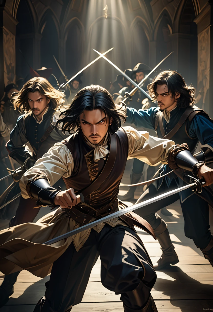 A portrait of D'Artagnan, one of the Three Musketeers, in a duelling pose, highly detailed, hyperrealistic, dramatic lighting, cinematic composition, dynamic action, intricate fencing attire, intense expression, chiaroscuro, moody colors, Renaissance era, masterpiece