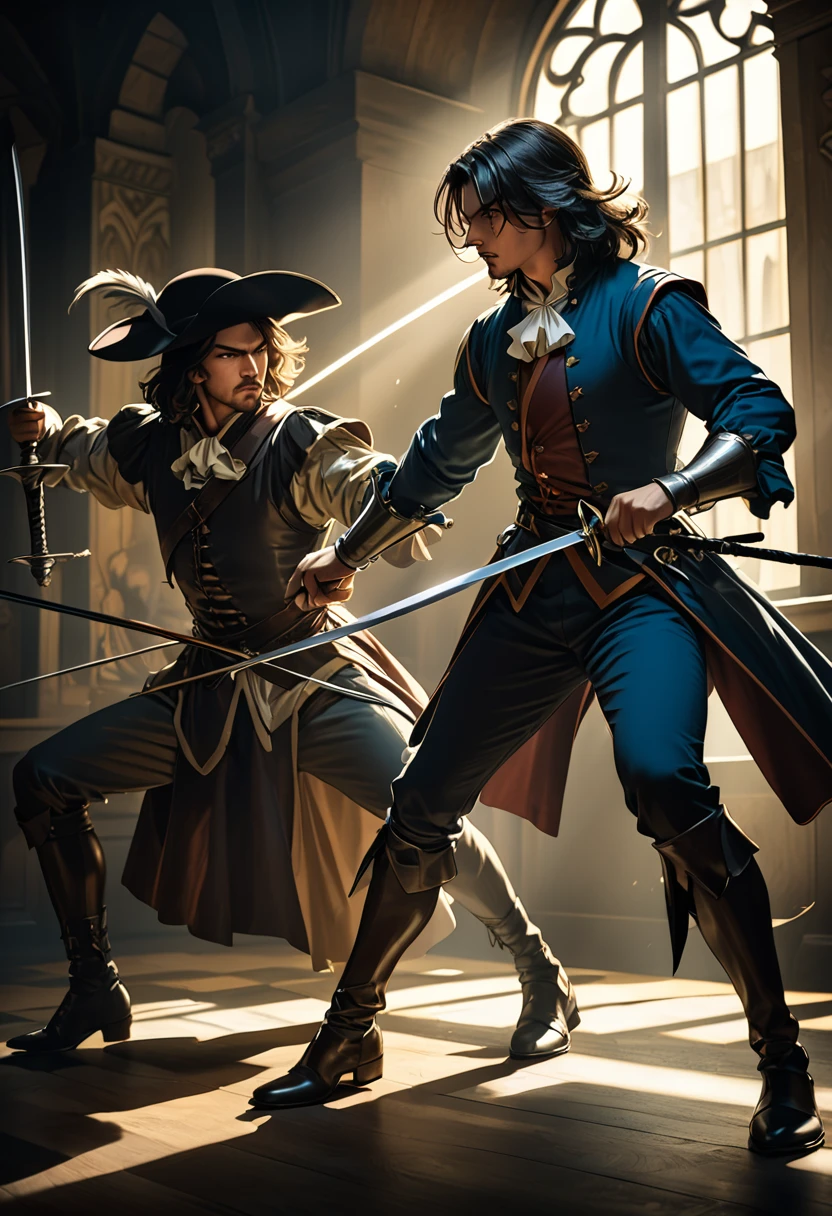 A portrait of D'Artagnan, one of the Three Musketeers, in a duelling pose, highly detailed, hyperrealistic, dramatic lighting, cinematic composition, dynamic action, intricate fencing attire, intense expression, chiaroscuro, moody colors, Renaissance era, masterpiece