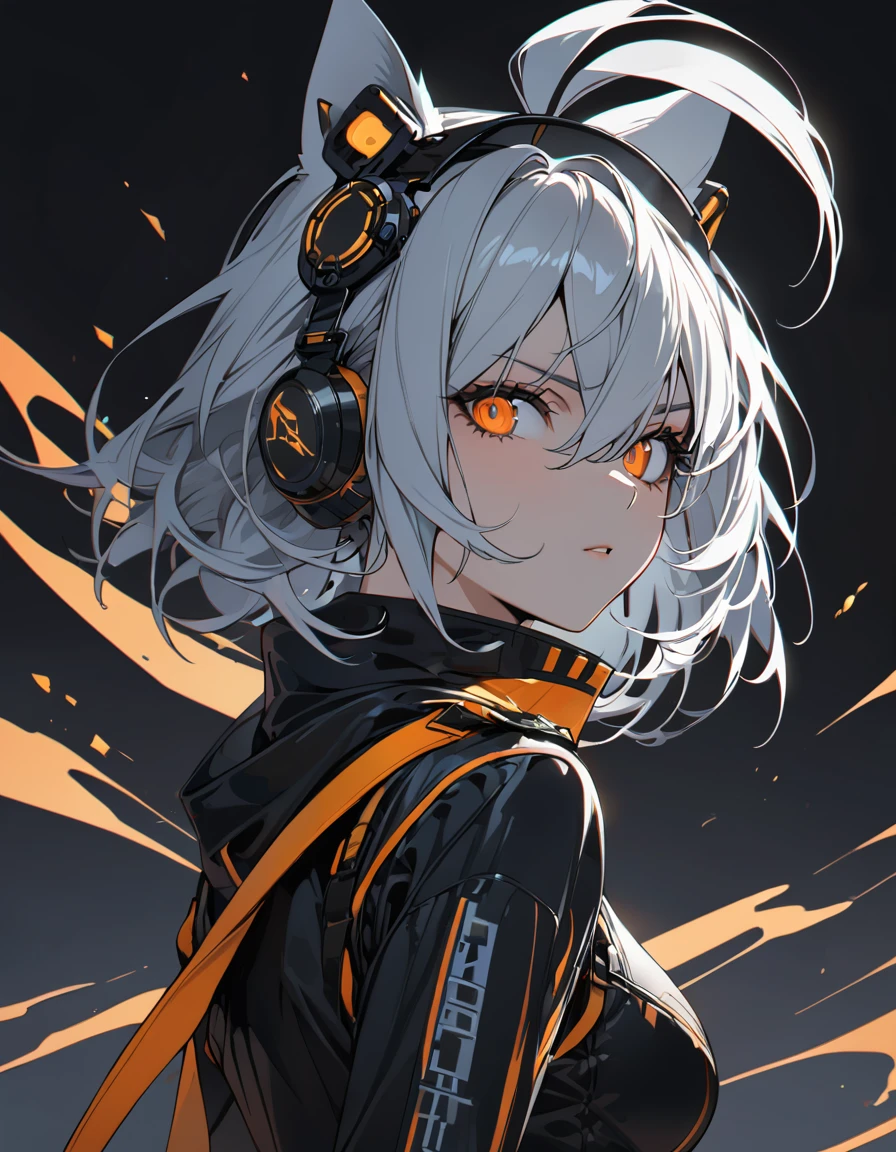 (masterpiece)、(absurdres)、(ultra detailed)、(8k),(solo lady),(silver cat ears:1.1),(silver hair),(shortcut hair:1.1),(messy hair:0.7),(Ahoge:0.9),(middle breast:0.9),BREAK,(orange eyes),(Downturned eyes)BREAK,black cyberpunk,orange Smoke:1.5,Serious,potrait shot:1.2,simple darkness background,in the darkness:1.2