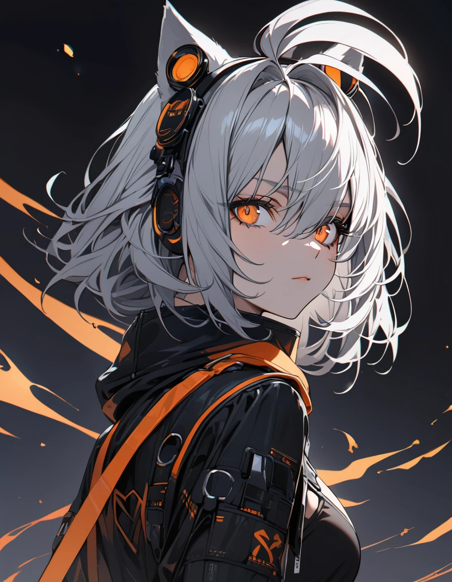 (masterpiece)、(absurdres)、(ultra detailed)、(8k),(solo lady),(silver cat ears:1.1),(silver hair),(shortcut hair:1.1),(messy hair:0.7),(Ahoge:0.9),(middle breast:0.9),BREAK,(orange eyes),(Downturned eyes)BREAK,black cyberpunk,orange Smoke:1.5,Serious,potrait shot:1.2,simple darkness background,in the darkness:1.2