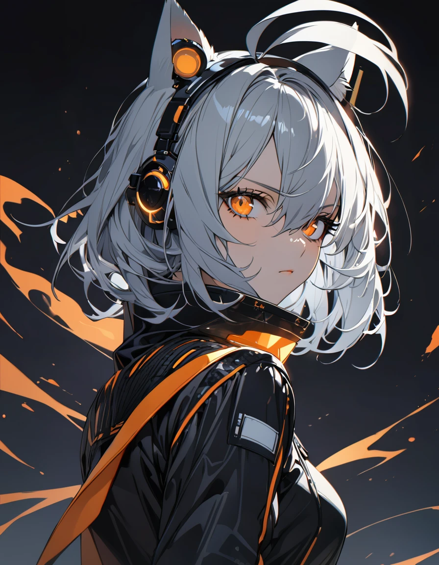 (masterpiece)、(absurdres)、(ultra detailed)、(8k),(solo lady),(silver cat ears:1.1),(silver hair),(shortcut hair:1.1),(messy hair:0.7),(Ahoge:0.9),(middle breast:0.9),BREAK,(orange eyes),(Downturned eyes)BREAK,black cyberpunk,orange Smoke:1.5,Serious,potrait shot:1.2,simple darkness background,in the darkness:1.2