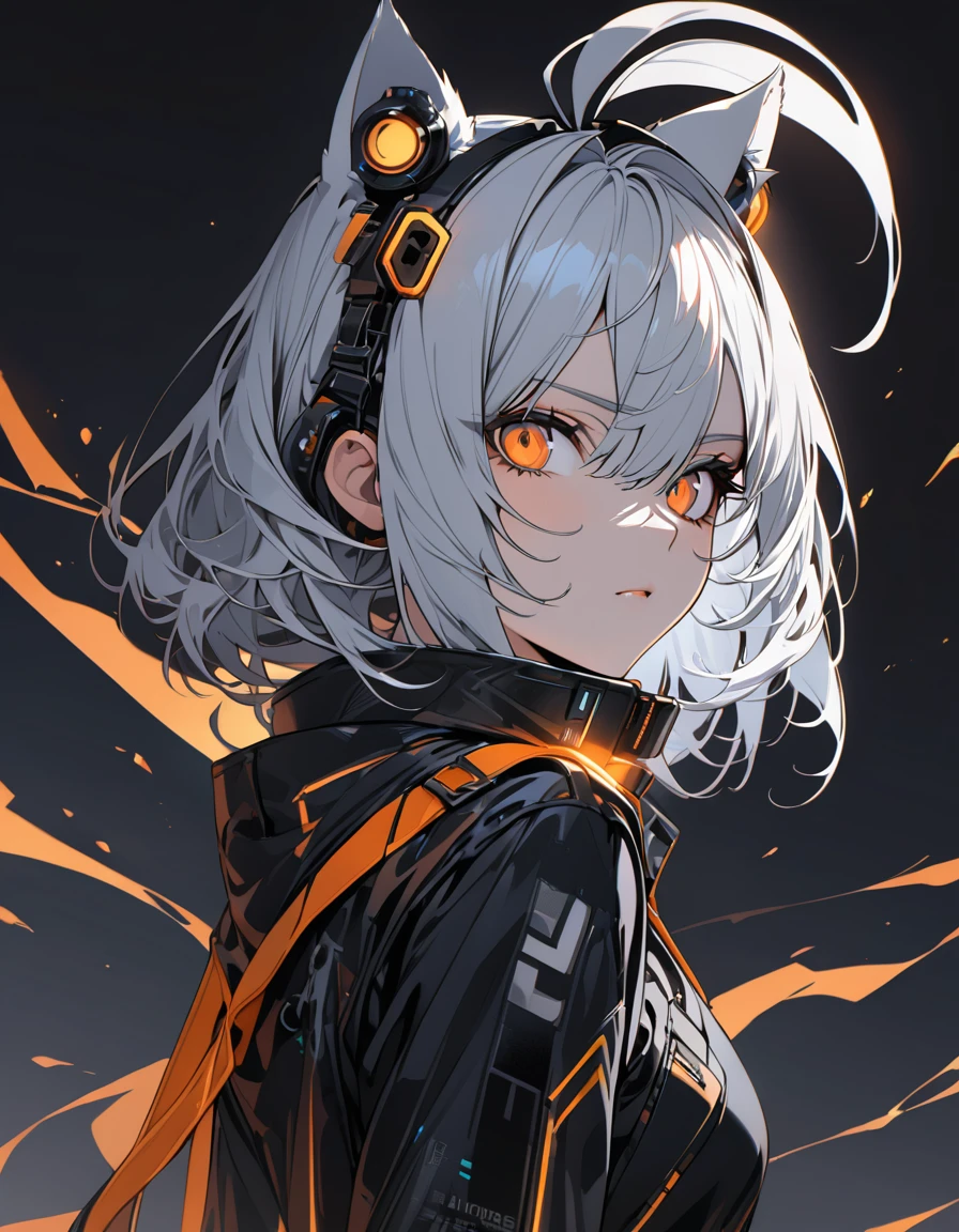 (masterpiece)、(absurdres)、(ultra detailed)、(8k),(solo lady),(silver cat ears:1.1),(silver hair),(shortcut hair:1.1),(messy hair:0.7),(Ahoge:0.9),(middle breast:0.9),BREAK,(orange eyes),(Downturned eyes)BREAK,black cyberpunk,orange Smoke:1.5,Serious,potrait shot:1.2,simple darkness background,in the darkness:1.2