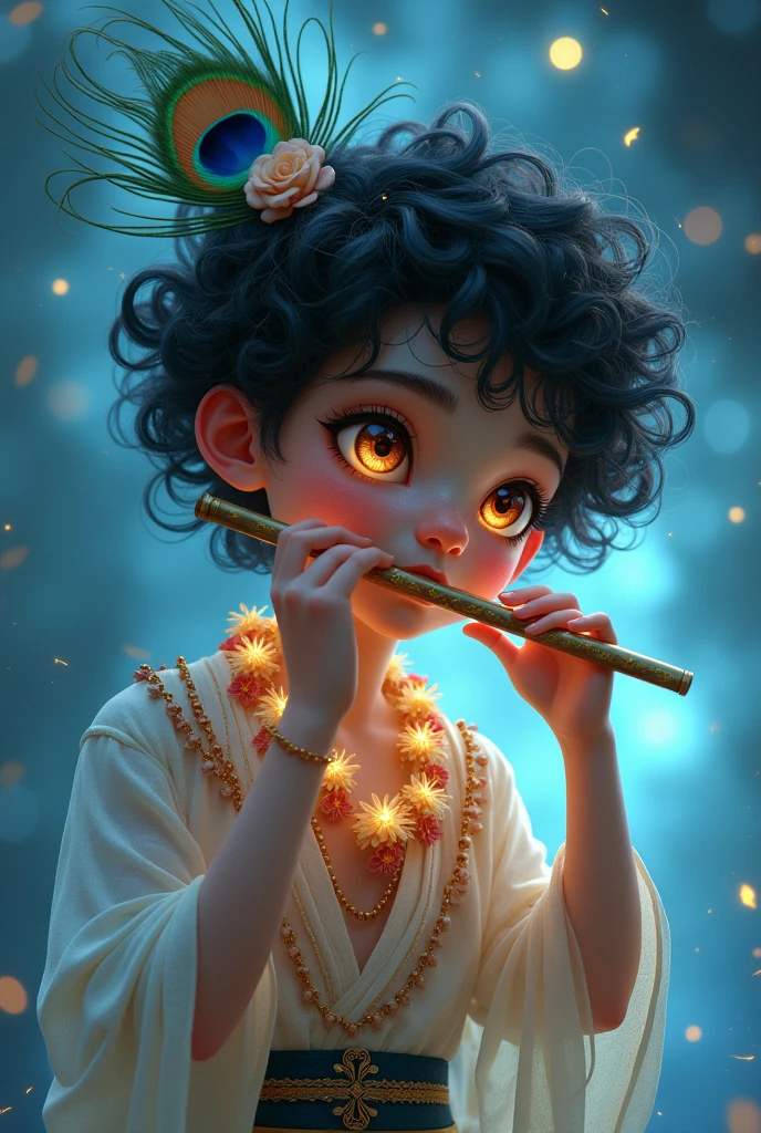 He is a beautiful youth with a glowing complexion the color of rain clouds. He plays a flute, attracting the hearts of all. His cheeks are brilliant, His smiling enchanting. He wears a peacock feather in His curly black hair and a flower garland around His neck. His beautiful garments are the color of lightning. His toenails resemble the light of the moon.