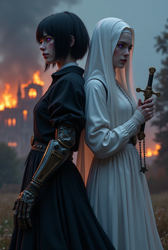Two pale middle-aged girls back to back with violet eyes, with the one on the left wearing dark alchemist clothes and with the left arm with a steampunk prosthesis holding a dagger with the symbol of Baphomet, short black hair with a cut on the face, and the one on the right in white nun&#39;s clothes holding a rosary with closed eyes and long white hair with a castle in flames behind at nightfall.