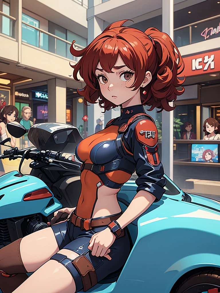 (masterpiece), (best quality), 1 girl, red hair,((brown eyes)),curly hair, short curly hair, brown eyes, anime style, freckles, (mall breast, (petite figure), blue cyberpunk clothes, legs, desert background