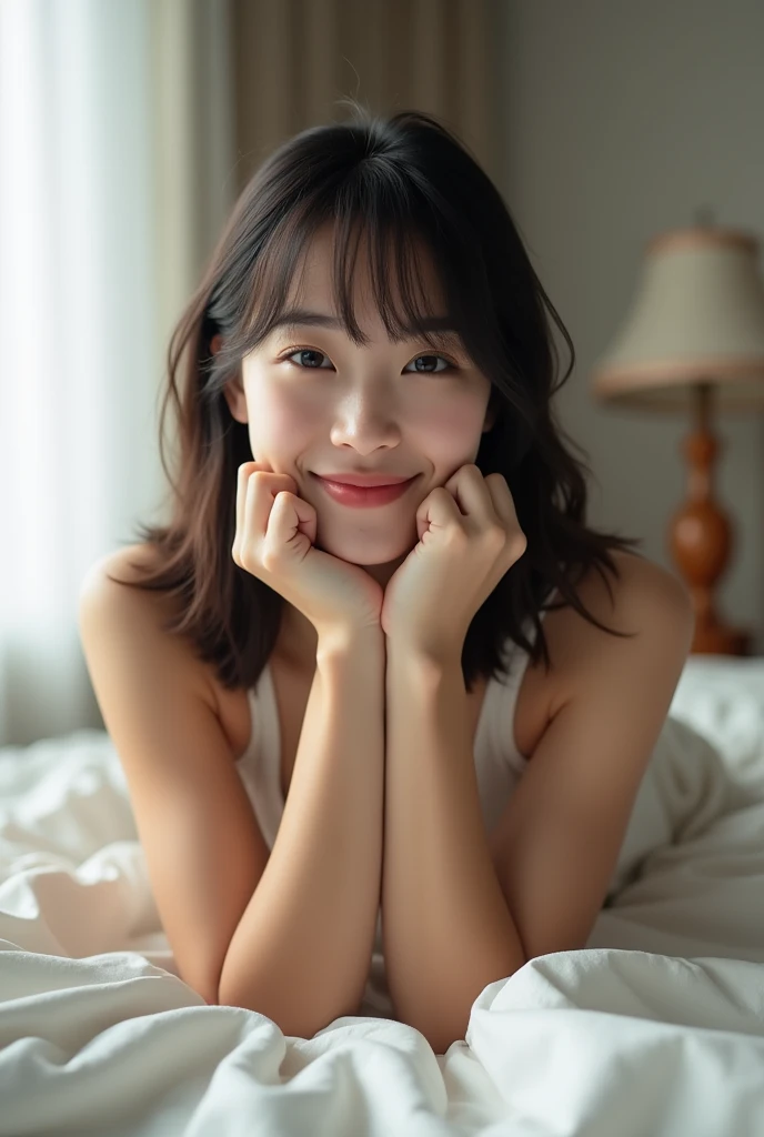 masterpiece, Highest quality, photograph, 20 years old living in Japan、Lying in bed, front, They flash a provocative smile at the viewer., Full body portrait, Baby Face, Bold Pose,Lift your legs、kiss、I can see the side,Medium Hair,((Straight Hair,Keep your bangs straight down)),(Thin face,Small jaw,Wide forehead,The space between the eyes is narrow)