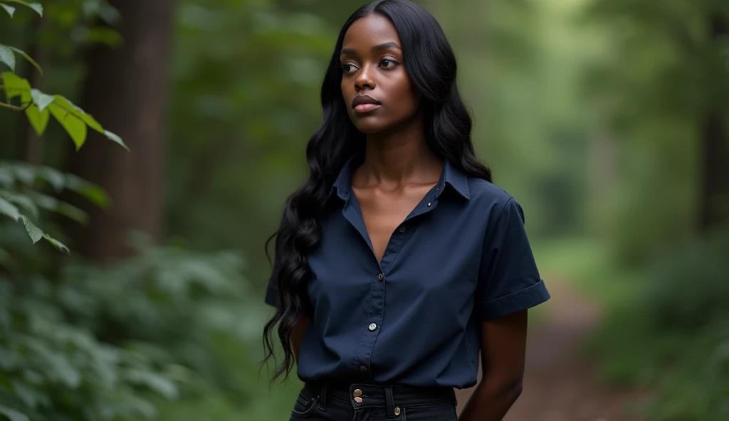 the best photo, the most realistic ,Clareza 4K, black female , black hair with long length ,age 25 ,Dark blue cotton shirt with black pants, Delicate face, long hair, ebony skin , .the woman is distracted (woman is not looking at the photo ) and in the background there is a forest with bushes