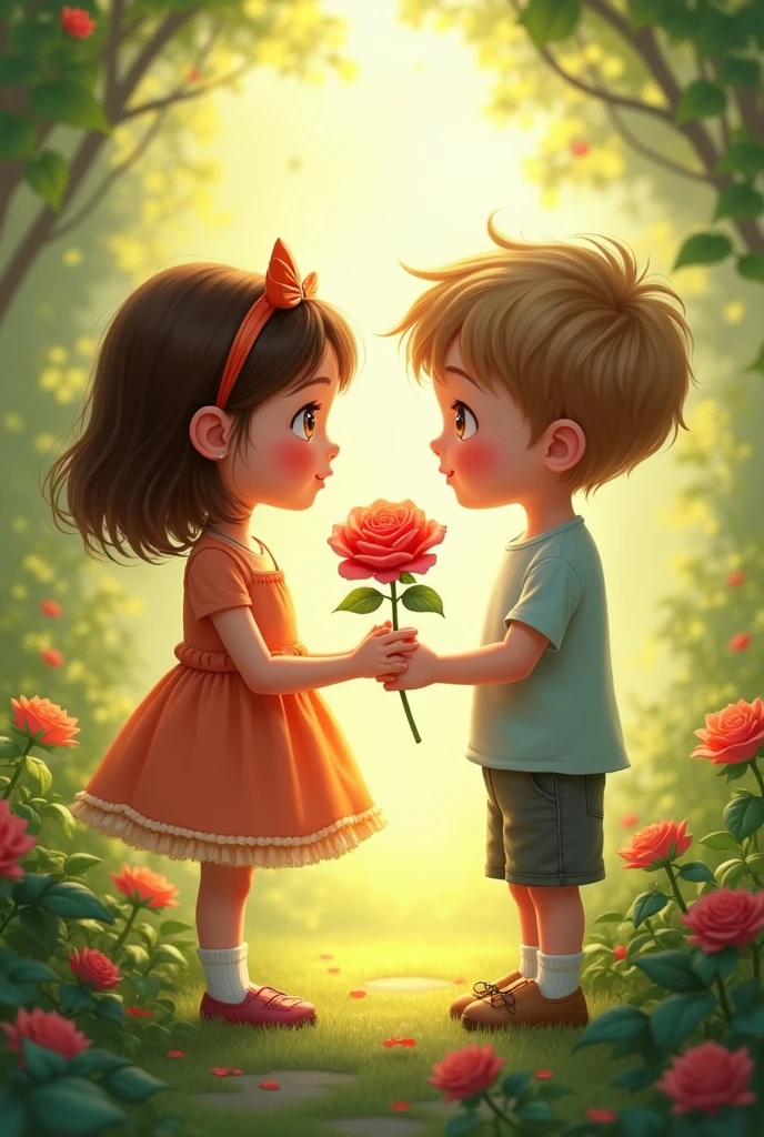 Girl and boy hold hand a flower rose
