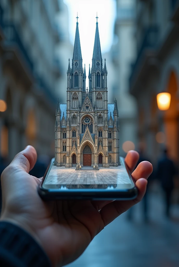 A mobile phone screen emerging a 3D cathedral from it