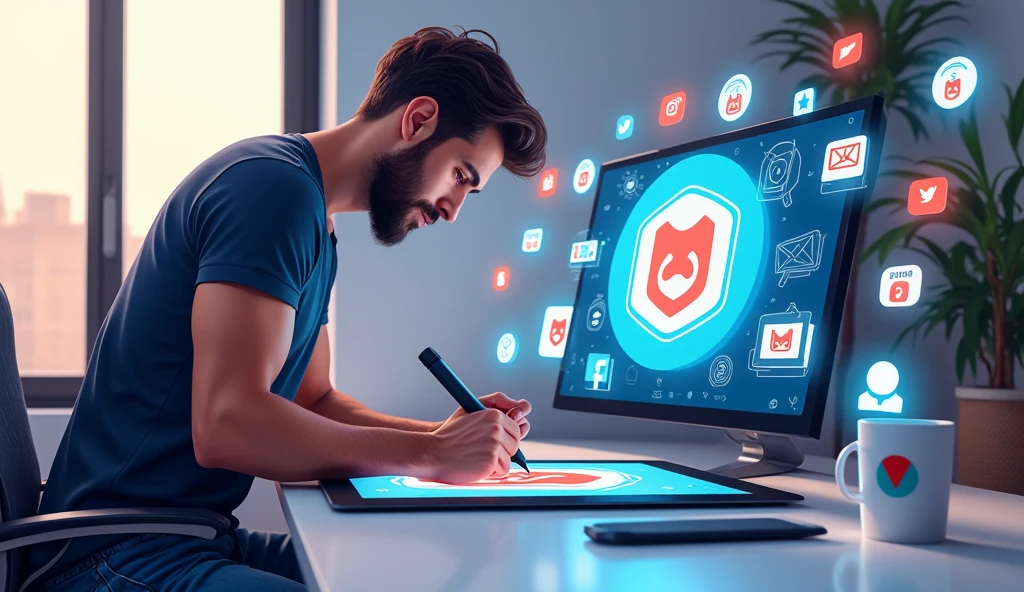 Create a social media cover photo of someone creating designs with "NUMHB-MRK" logo to put in social media icons Vectors, vector shirts, vector cups, vector hats, vector hoodies, online sale