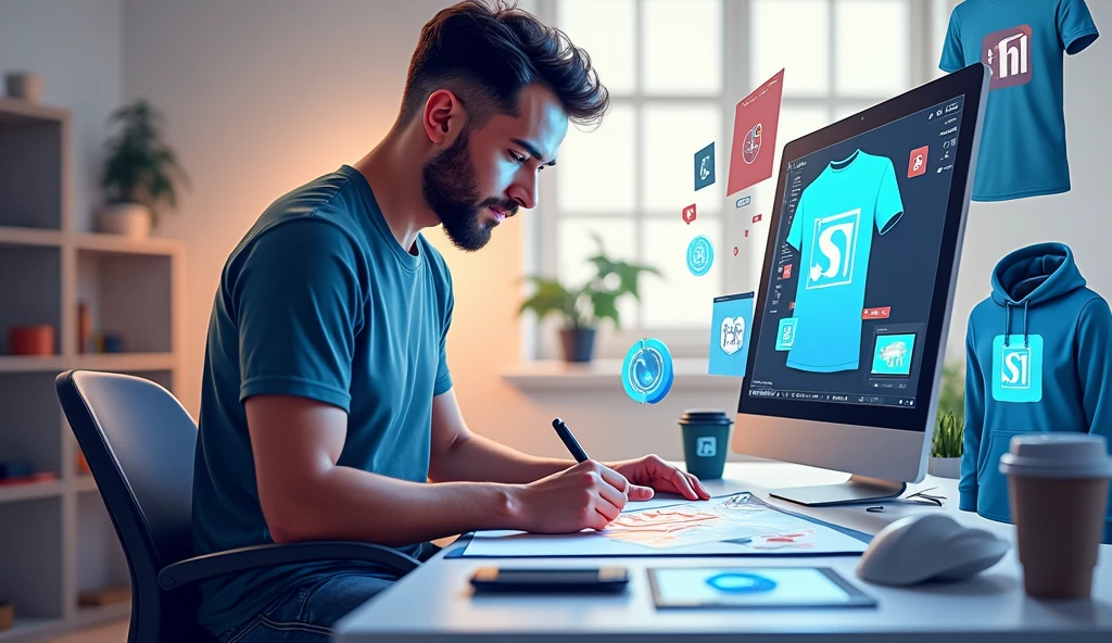 Create a social media cover photo of someone creating designs with "NUMHB-MRK" logo to put in social media icons Vectors, vector shirts, vector cups, vector hats, vector hoodies, online sale