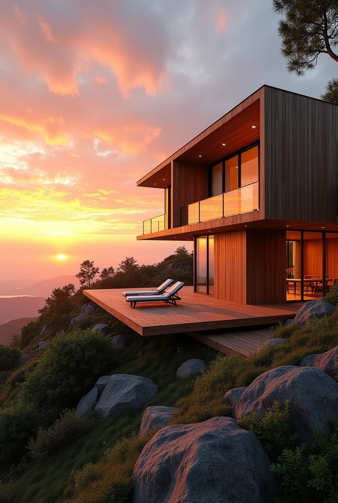 A modern wooden house with sunset view 