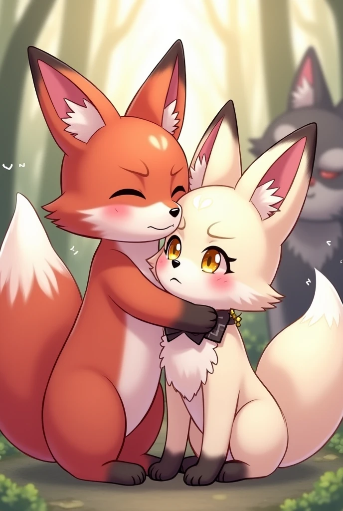 Red and pink Kemono fox male cute and a cute white fennec Kemono fox with yellow eyes black bow and necklace female in love cuddling and cute Kemono grey wolf in background upset and jealous furry