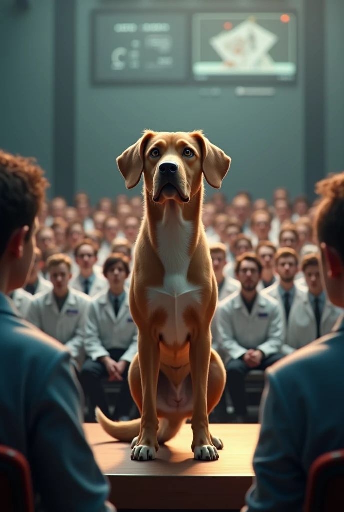 Dog Talks in Front of a Crowd of Scientists
